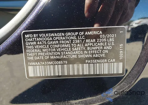 2021 Volkswagen Passat 2.0T S z USA, uszkodzony, nr VIN 1VWAA7A33MC008579